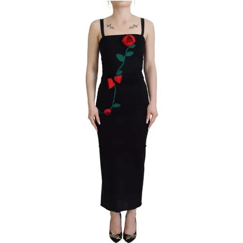 Wool Sheath Dress with Red Rose Embroidery , female, Sizes: XL - Dolce & Gabbana - Modalova