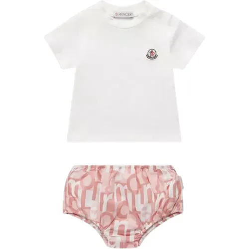 Kinder Weißes Baumwoll-T-Shirt und Rosa Shorts Set - Moncler - Modalova