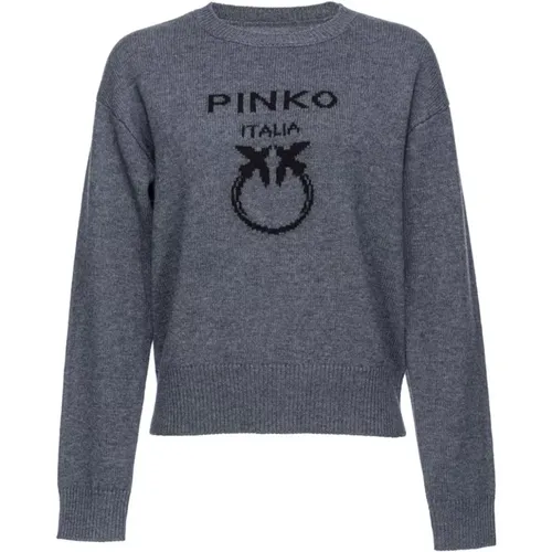 Grauer Woll Intarsia-Strickpullover , Damen, Größe: M - pinko - Modalova