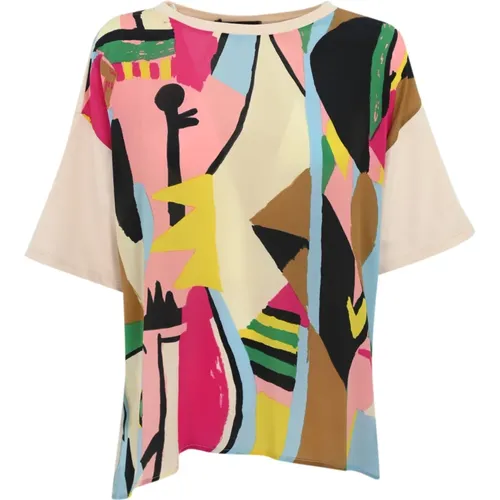 Silk T-shirt avantgarde print short sleeves , female, Sizes: XL, L, 2XL - Max Mara Weekend - Modalova