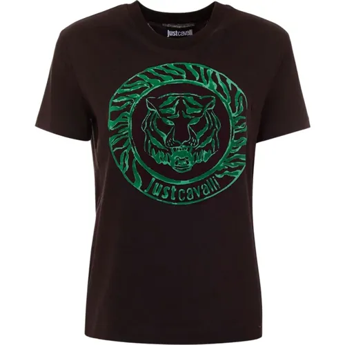 Tiger Logo Kurzarm T-shirt , Damen, Größe: L - Just Cavalli - Modalova