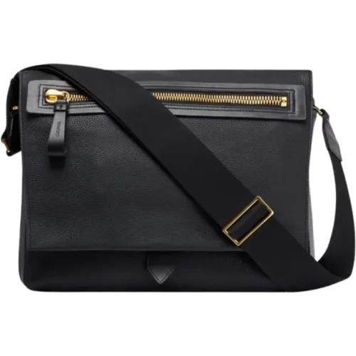 Grained Leather Messenger Bag with Oversized Gold Zips , male, Sizes: ONE SIZE - Tom Ford - Modalova