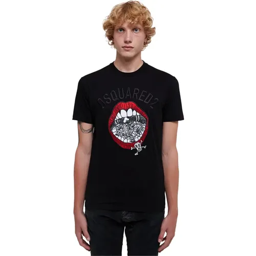 Schwarzes Baumwoll-T-Shirt mit Logo-Print - Dsquared2 - Modalova