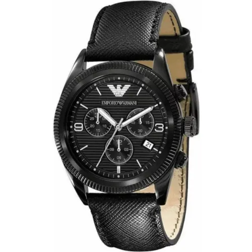 Schwarze Leder Quarz Herrenuhr - Emporio Armani - Modalova