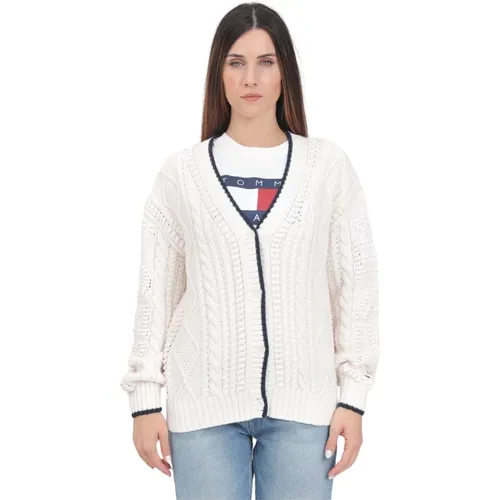 Cremefarbener Cardigan mit Logo-Stickerei , Damen, Größe: S - Tommy Jeans - Modalova