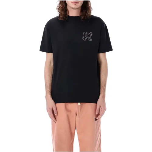 T-Shirts,Baumwoll T-Shirt mit gesticktem Monogramm,Schwarzes Logo Crew Neck T-shirt - Palm Angels - Modalova