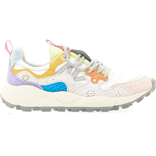 White and Green Fabric Sneakers with Yellow and Pink Suede , female, Sizes: 8 UK, 3 UK - Flower Mountain - Modalova