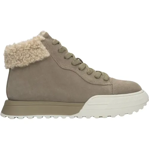 Damen Khaki High-Top Winter Sneakers aus Velours & Pelz , Damen, Größe: 36 EU - Estro - Modalova