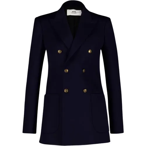 Navy Wool Double-Breasted Blazer , female, Sizes: L, 2XS - Ami Paris - Modalova