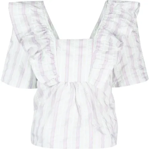 Striped Cotton Top with Ruffled Collar , female, Sizes: S, XS - Ganni - Modalova