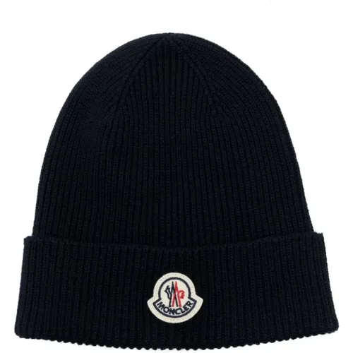 Classic Wool Beanie Hat Navy , unisex, Sizes: ONE SIZE - Moncler - Modalova