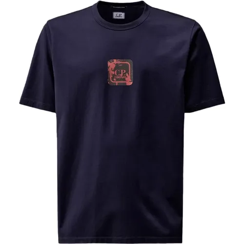 Blau Grafikdruck Baumwoll T-shirt , Herren, Größe: M - C.P. Company - Modalova