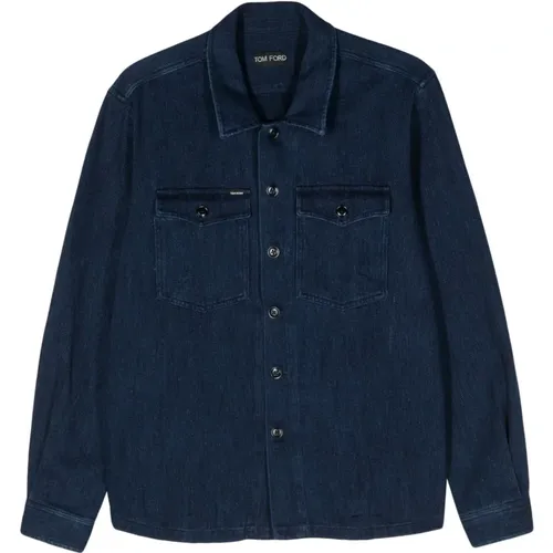 Denim Shirt, Washed Cotton, Stylish Design , male, Sizes: 2XL, 3XL, XL, 4XL, L - Tom Ford - Modalova