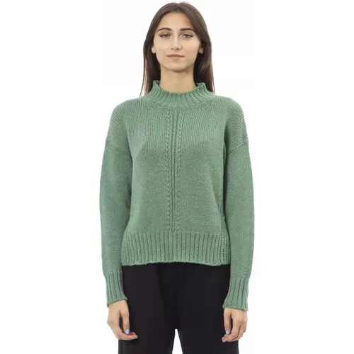 Grüner Wollpullover mit Stehkragen , Damen, Größe: L - Alpha Studio - Modalova