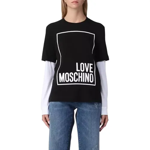 Schwarzes Baumwoll Tops T-Shirt , Damen, Größe: XS - Love Moschino - Modalova