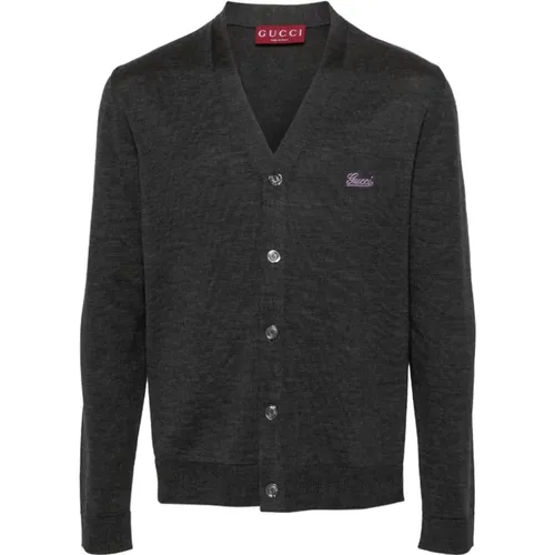 Embroidered Wool Cardigan in Dark Grey , male, Sizes: XL, L - Gucci - Modalova