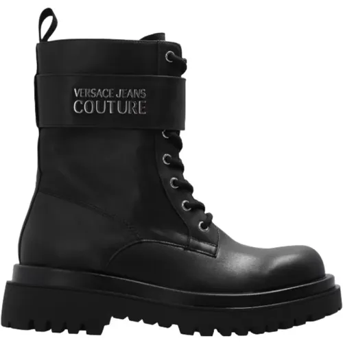 Schwarze flache Schuhe mit Reißverschluss und Klettverschluss , Damen, Größe: 39 EU - Versace Jeans Couture - Modalova