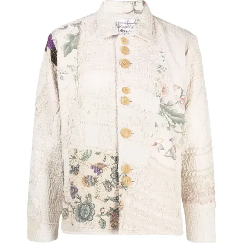 Beige Floral Patchwork Cotton Coat , male, Sizes: L, M - By Walid - Modalova
