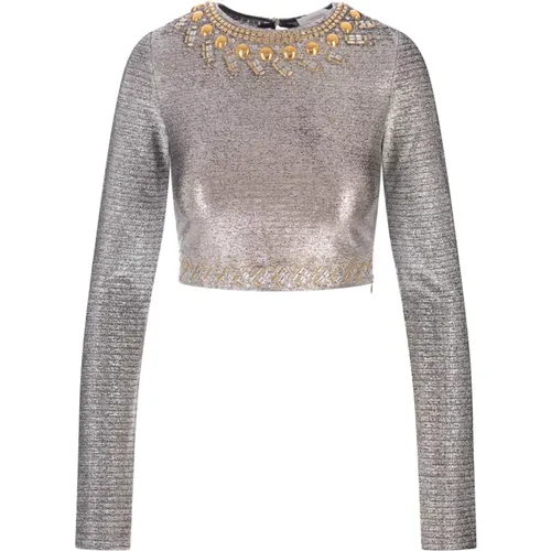 Silver Lamé Crop Top with Gold Studs , female, Sizes: 2XS, XS, S - Paco Rabanne - Modalova