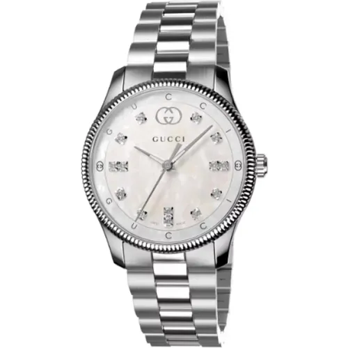 G-Timeless 29 mm stainless steel case, white mother of pearl dial with and lettering, diamond indexes, stainless steel bracelet , female, Sizes: ONE S - Gucci - Modalova