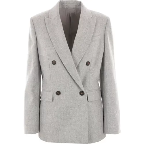 Light Grey Wool Flannel Double-Breasted Jacket , female, Sizes: 2XS - BRUNELLO CUCINELLI - Modalova