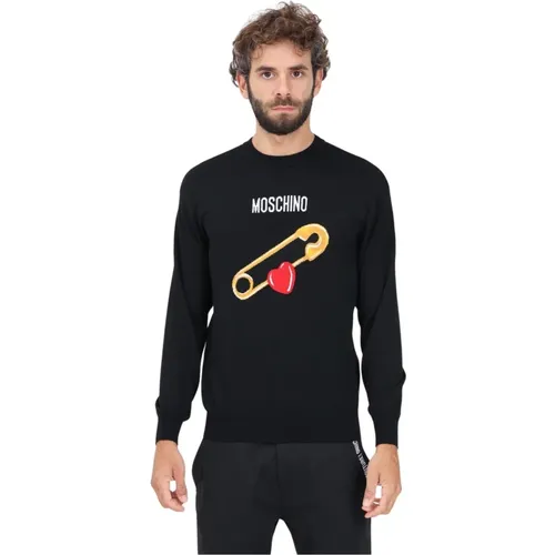 Heart Safety Pin Crewneck Sweater , male, Sizes: S, L, M - Moschino - Modalova