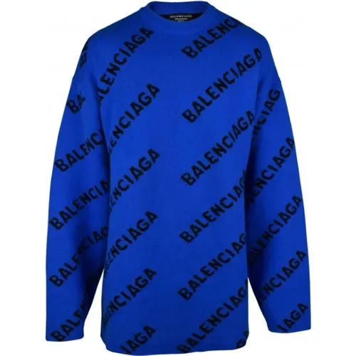 Blauer Wollpullover mit Diagonalem Logo-Print - Balenciaga - Modalova