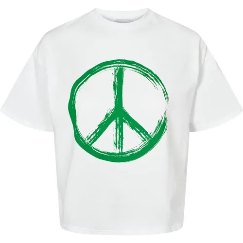 Weiße Peace Baumwoll Tee mit Grünen Buchstaben , Damen, Größe: L - American Dreams - Modalova