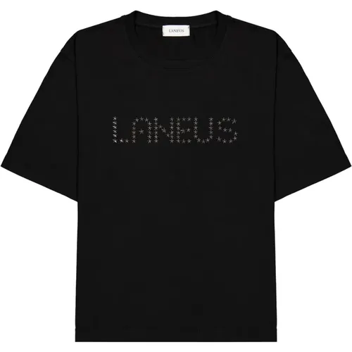 Schwarzes T-Shirt mit Nieten und Schriftzug , unisex, Größe: 2XL - Laneus - Modalova