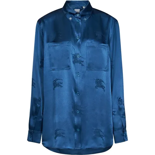 Blaue Seidenjacquardbluse mit Equestrian Knight Design , Damen, Größe: S - Burberry - Modalova