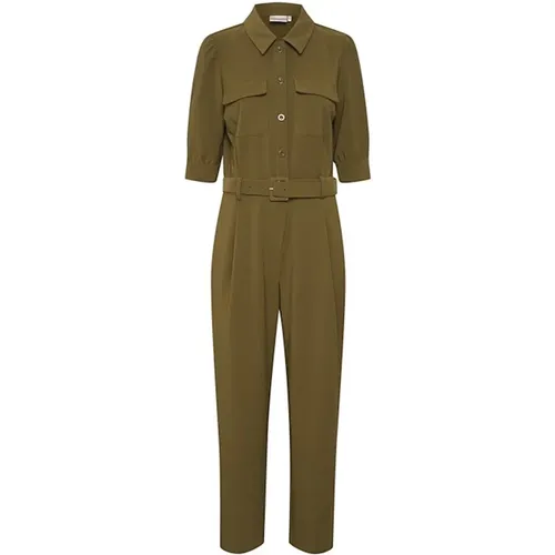 Dark Olive Jumpsuit with ¾ Sleeves and Belt , female, Sizes: XS, M, S, L - Gestuz - Modalova