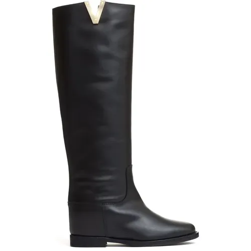 Schwarze Stiefeletten mit goldener V-Detail , Damen, Größe: 41 EU - Via Roma 15 - Modalova