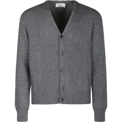 Grey Cashmere Cardigan with Embroidered Heart Logo , male, Sizes: M, XL - Ami Paris - Modalova