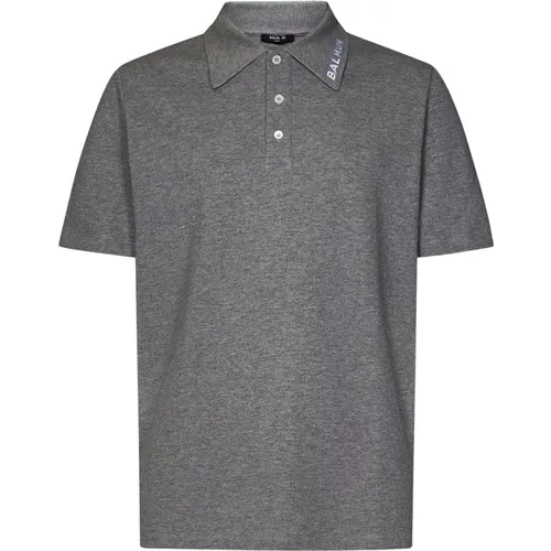 Grey Melange Polo Shirt with Embroidered Logo , male, Sizes: L, S - Balmain - Modalova