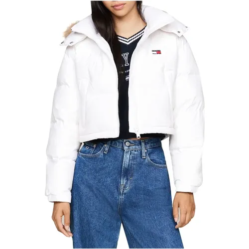 Weiße Cropped Steppjacke mit Kunstpelz - Tommy Jeans - Modalova