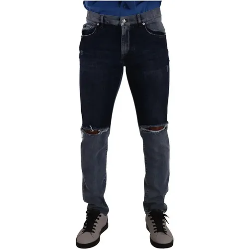 Blaue Zwei-Ton Zerrissene Baumwoll Slim Fit Jeans - Dolce & Gabbana - Modalova
