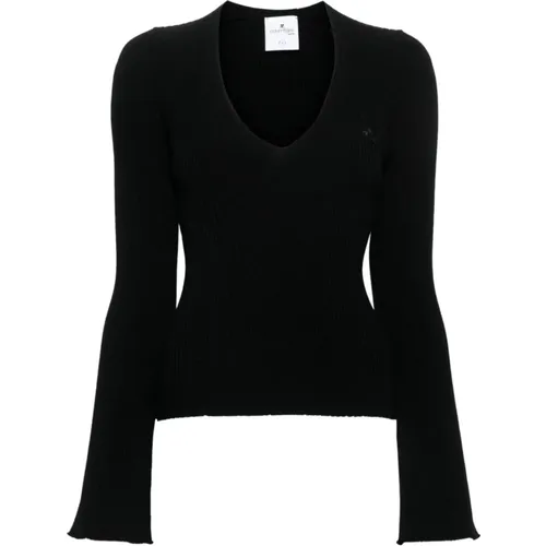 Schwarzer V-Ausschnitt Rippstrickpullover , Damen, Größe: XS - Courrèges - Modalova