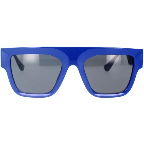 Rechteckige Sonnenbrille mit dunkelgrauer Linse und blauem Rahmen - Versace - Modalova
