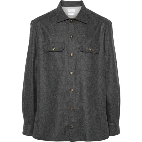 Wool Shirt with Horn Buttons , male, Sizes: XL, L, M - BRUNELLO CUCINELLI - Modalova