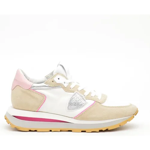 And White Sneakers with Pink Leather Detail , female, Sizes: 2 UK - Philippe Model - Modalova