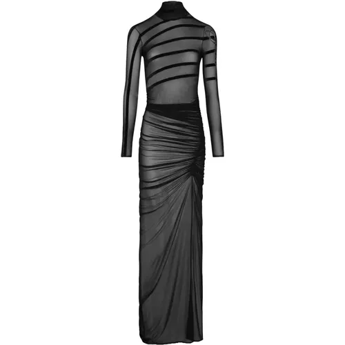 Schwarzes Mesh-Kleid mit Drapiertem Rock und Gestreiften Details - Jean Paul Gaultier - Modalova