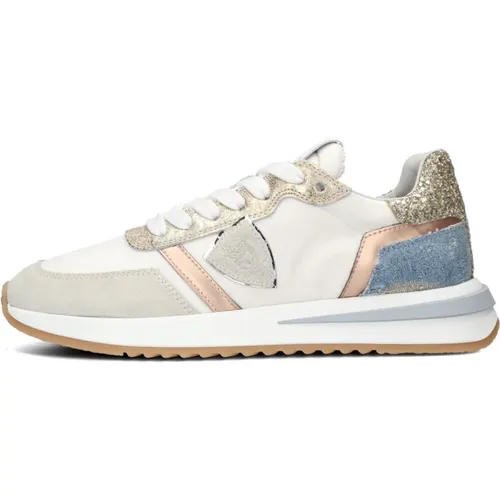 Niedrige Top Sneakers Beige Blau Rosa Gold Glitzer , Damen, Größe: 38 EU - Philippe Model - Modalova