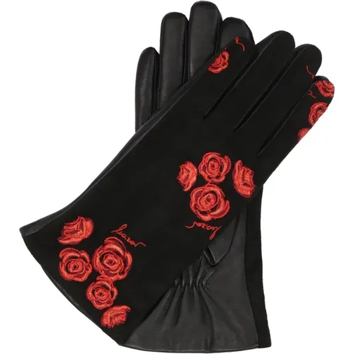 Elegante schwarze Handschuhe mit bestickten roten Blumen , Damen, Größe: L - Kazar - Modalova