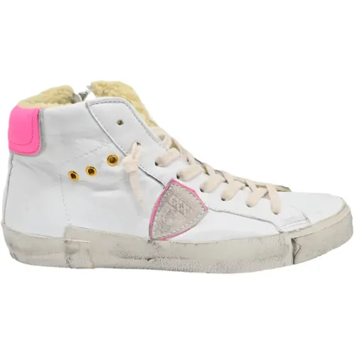 Hohe Sneakers Weiß Rosa Pelz , Damen, Größe: 39 EU - Philippe Model - Modalova