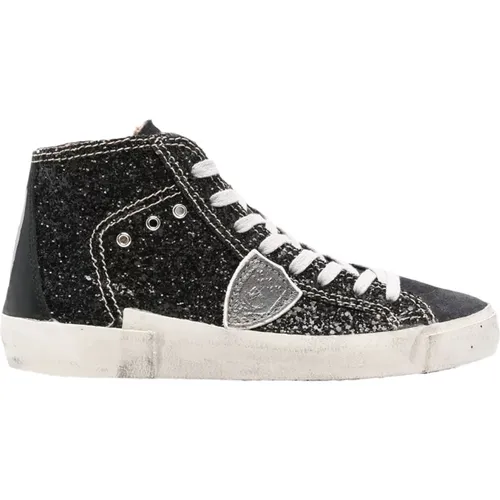 Schwarze Sneaker mit Glitzerdetails , Damen, Größe: 38 EU - Philippe Model - Modalova