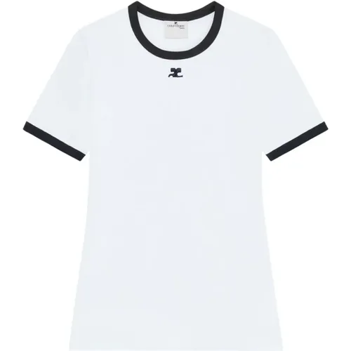 Weißes Jersey T-Shirt mit Logo-Stickerei , Damen, Größe: L - Courrèges - Modalova