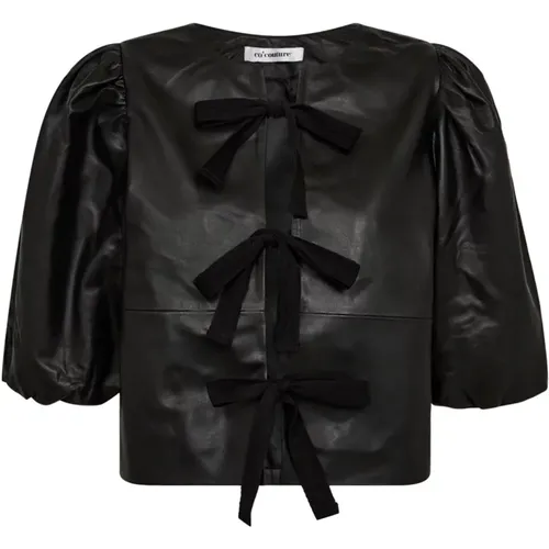 Leather Bow Blouse with Short Puff Sleeves , female, Sizes: XS, M, S - Co'Couture - Modalova