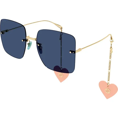 Gold/Blue Heart Sunglasses , female, Sizes: 62 MM - Gucci - Modalova