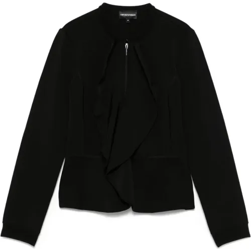 Schwarze Gerippte Paneljacke mit Rüschen , Damen, Größe: 2XS - Emporio Armani - Modalova