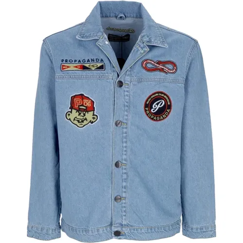 Blaue Denim Baseball Jacke mit Patch Logos , Herren, Größe: S - Propaganda - Modalova